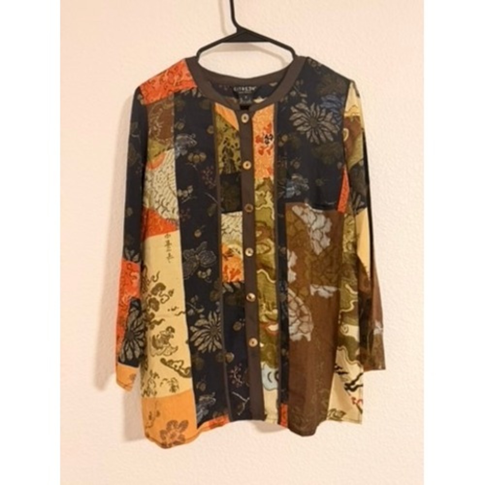 Citron Santa Monica 100% Silk Patchwork Asian Print Button Front Blouse Small